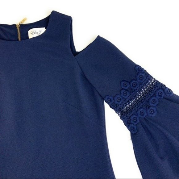 Eliza J Dress w/ Bell Sleeves & Cold Shoulder Navy Blue - Picture 2 of 7